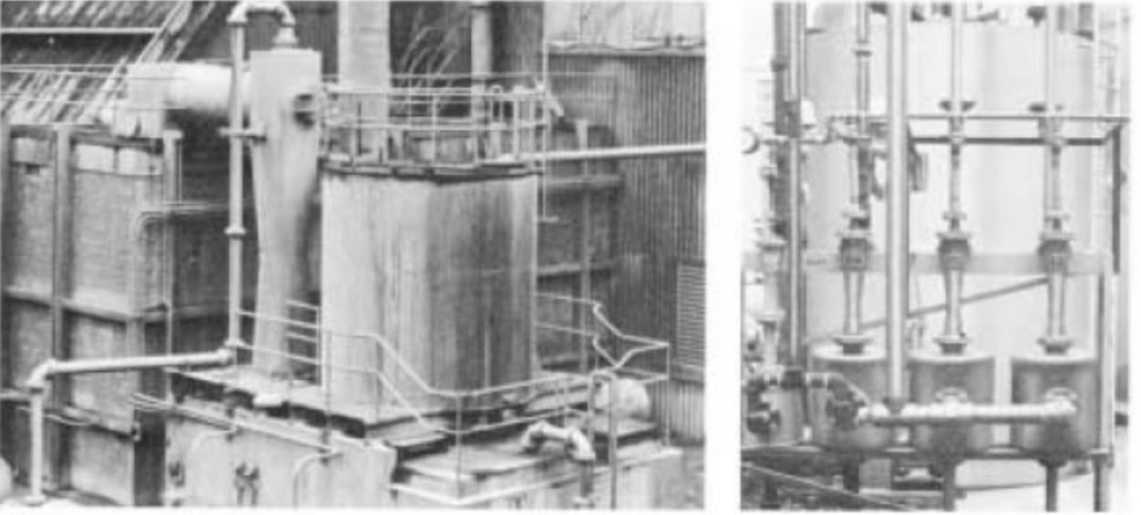 Letf: 36" diameter Fume Scrubber handling 12,500 cfms of gas a 150 F in high analysis super phosphate operation Right: Several Jet Venturi Scrubbers handling HCI, HNO3 an NH3 at major chemical Manufacturer
